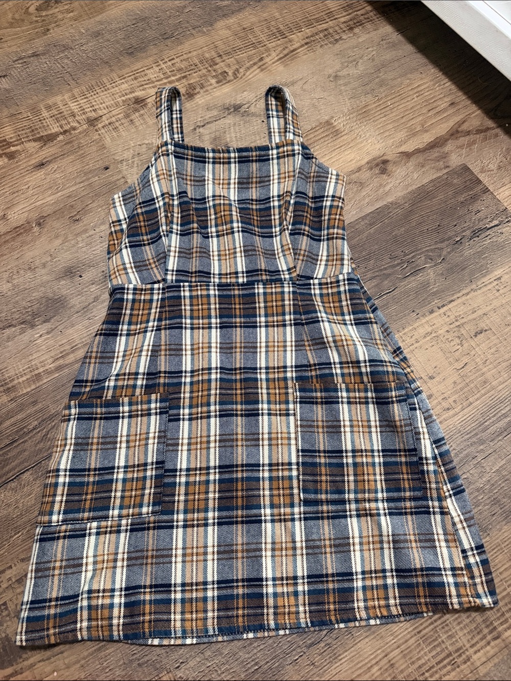 American Eagle Outfitters Navy, Cream & Brown Plaid Pinafore Dress